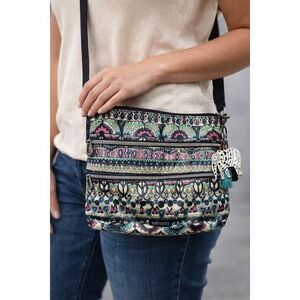 Sakroots Multi Color Geometric Print Coated Canvas Crossbody Bag with Charms
